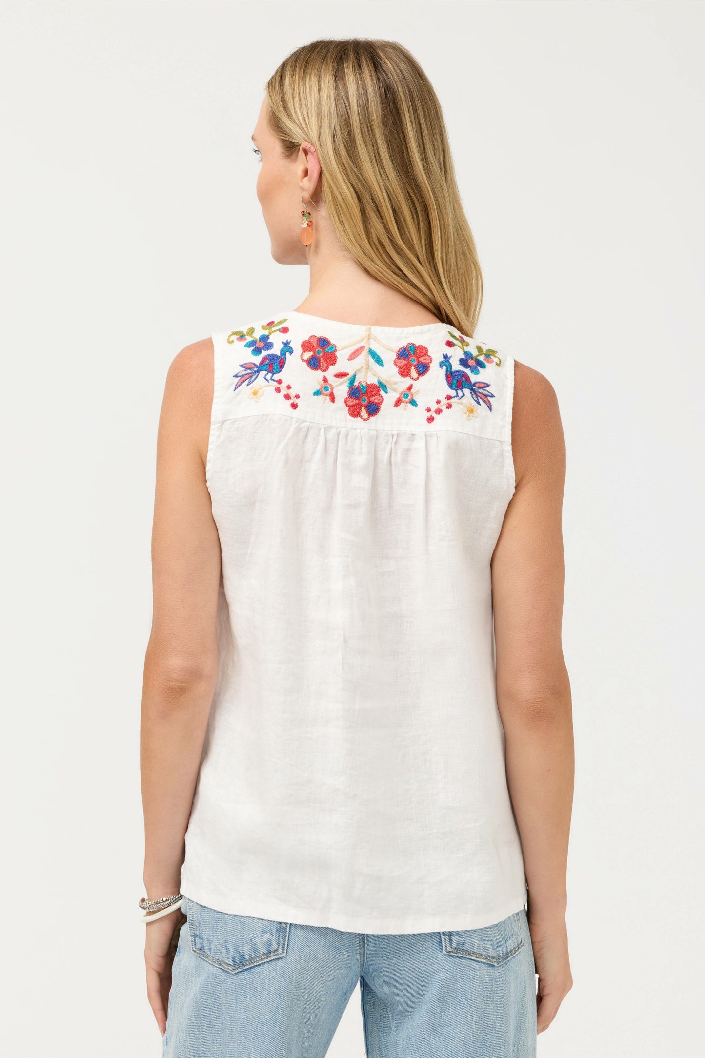 Johnny Was V-NECK SHIRRED LINEN TANK