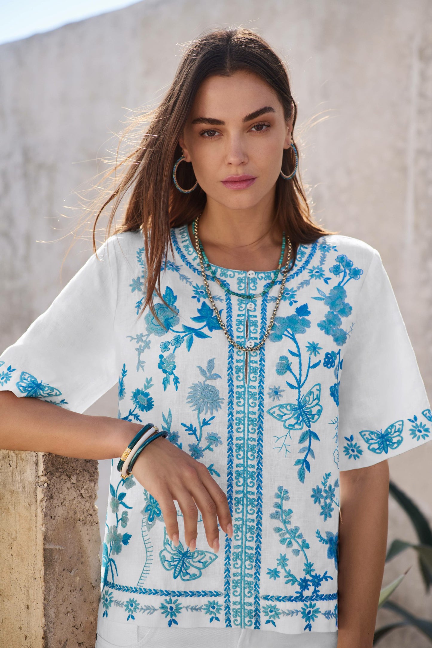 Johnny Was FIONA SPLIT NECK LINEN BLOUSE