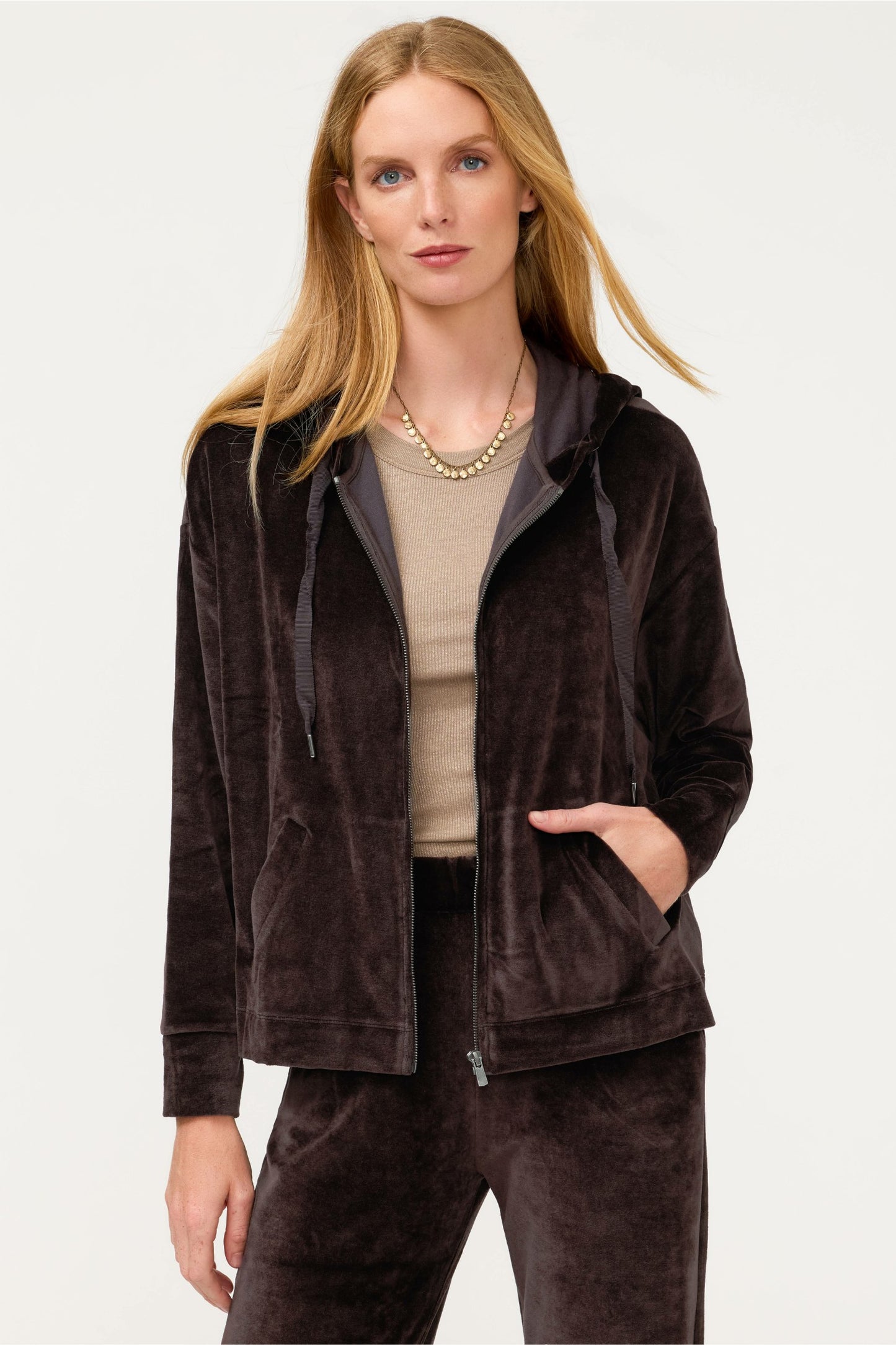 Johnny Was ESSENTIALS VELOUR LONG SLEEVE ZIP FRONT HOODIE