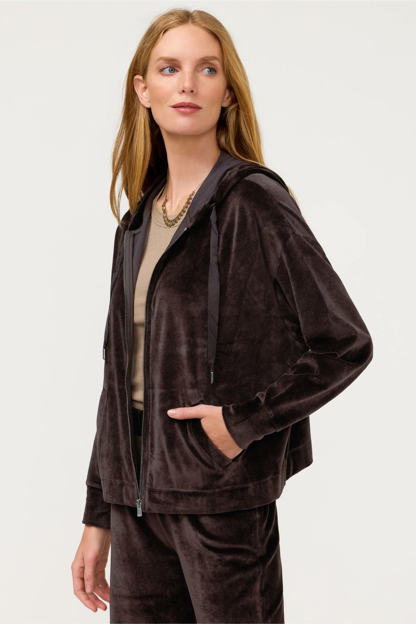 Johnny Was ESSENTIALS VELOUR LONG SLEEVE ZIP FRONT HOODIE