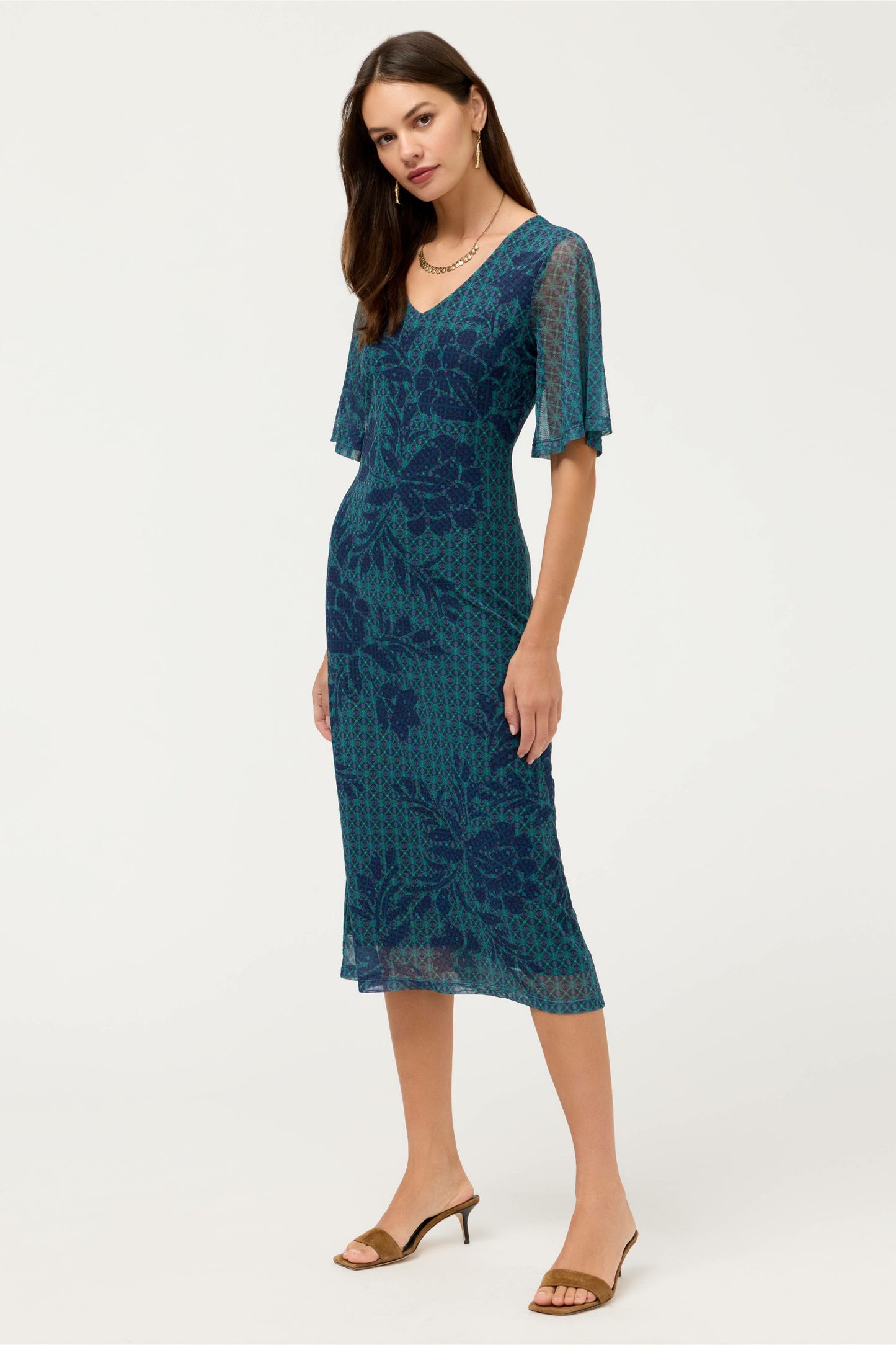 Johnny Was DOUBLE V-NECK MESH MIDI DRESS