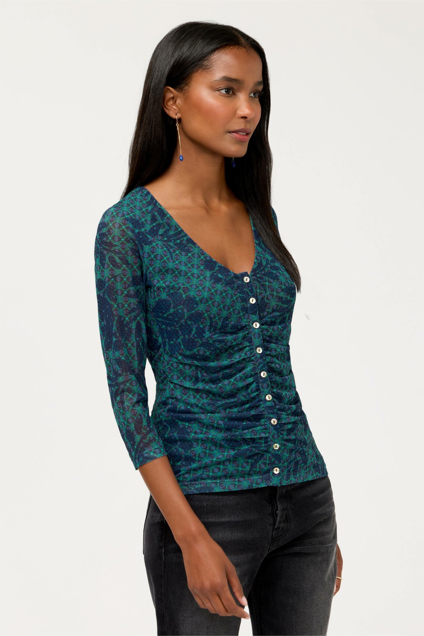 Johnny Was RUCHED BUTTON FRONT MESH TEE