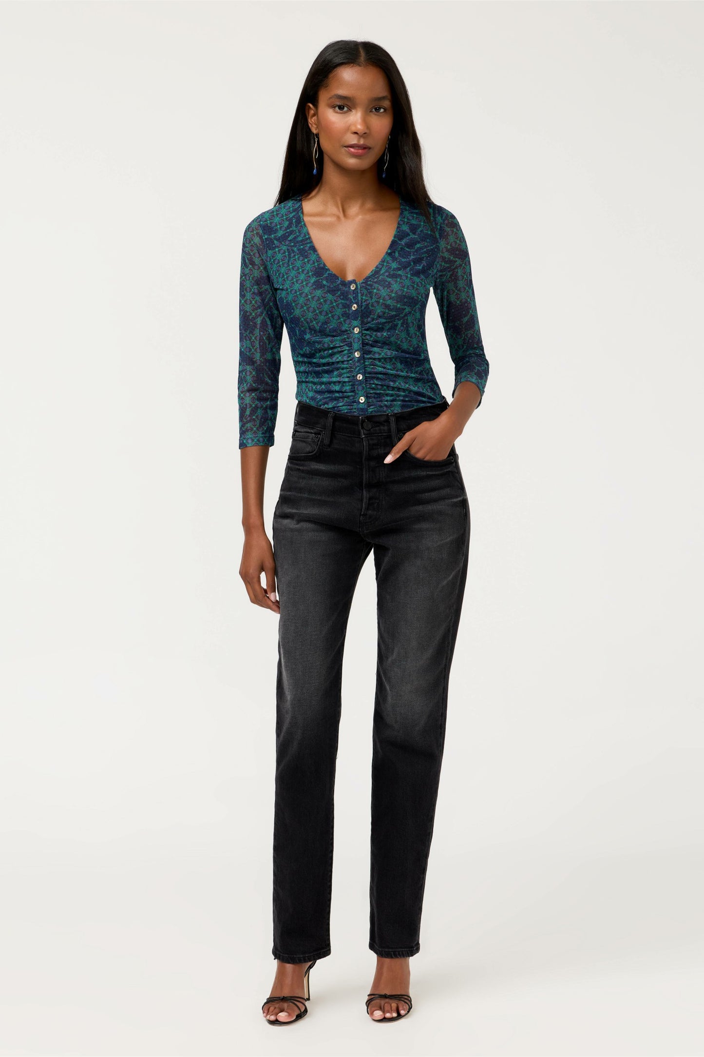 Johnny Was RUCHED BUTTON FRONT MESH TEE