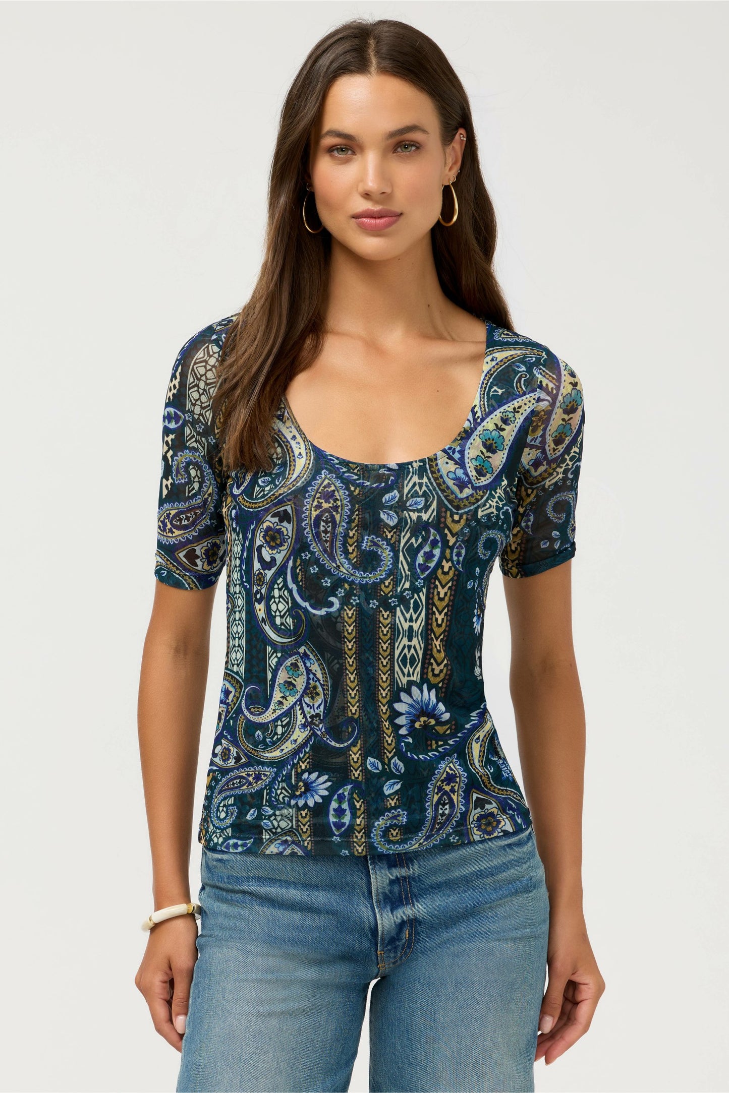 Johnny Was ELBOW SLEEVE SCOOP NECK MESH TEE