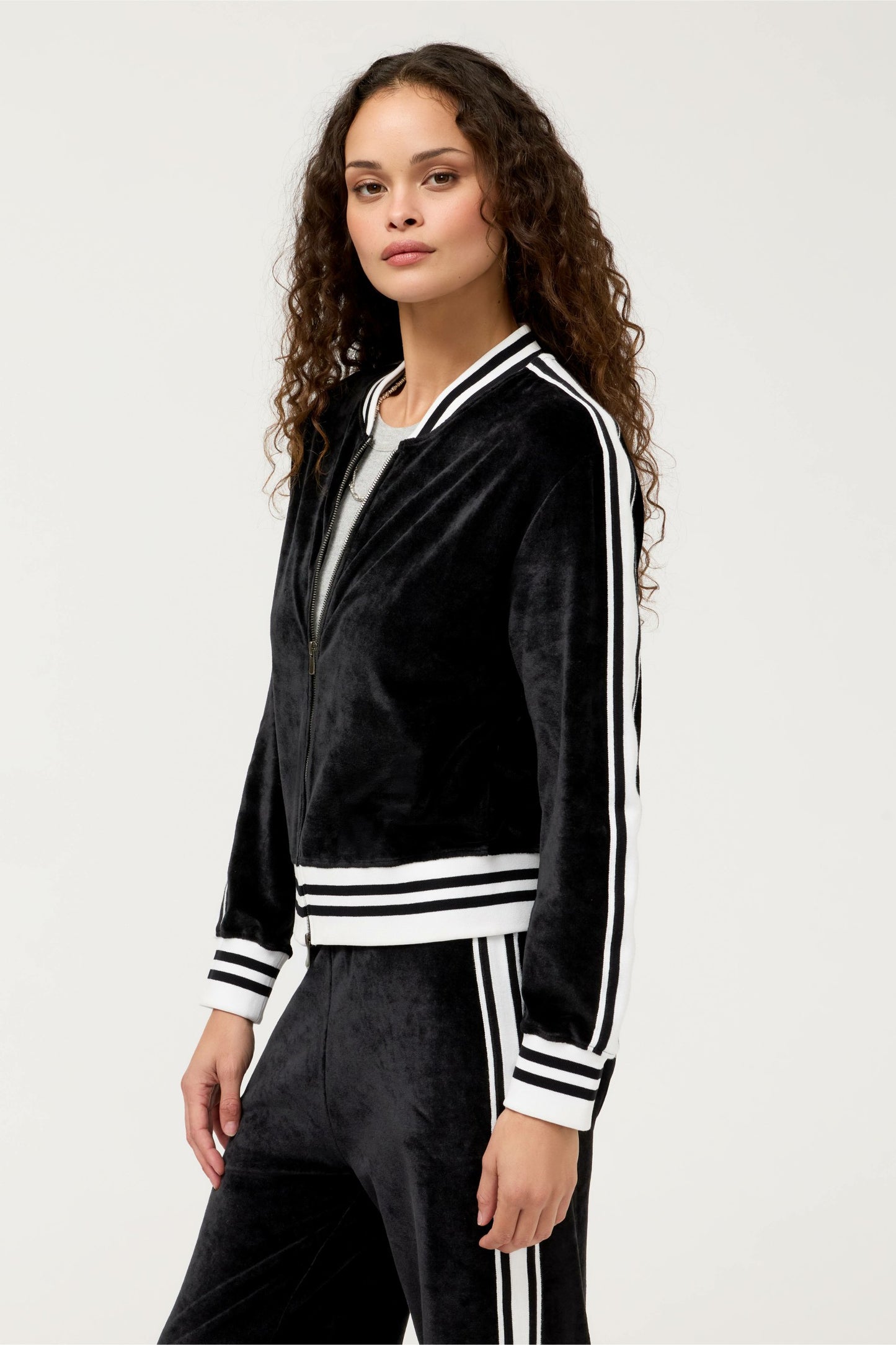 Johnny Was VELOUR ZIP BOMBER WITH STRIPE DETAIL