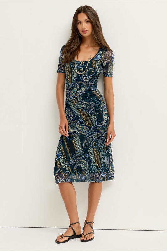 Johnny Was SCOOP NECK RUCHED FRONT MESH MIDI DRESS