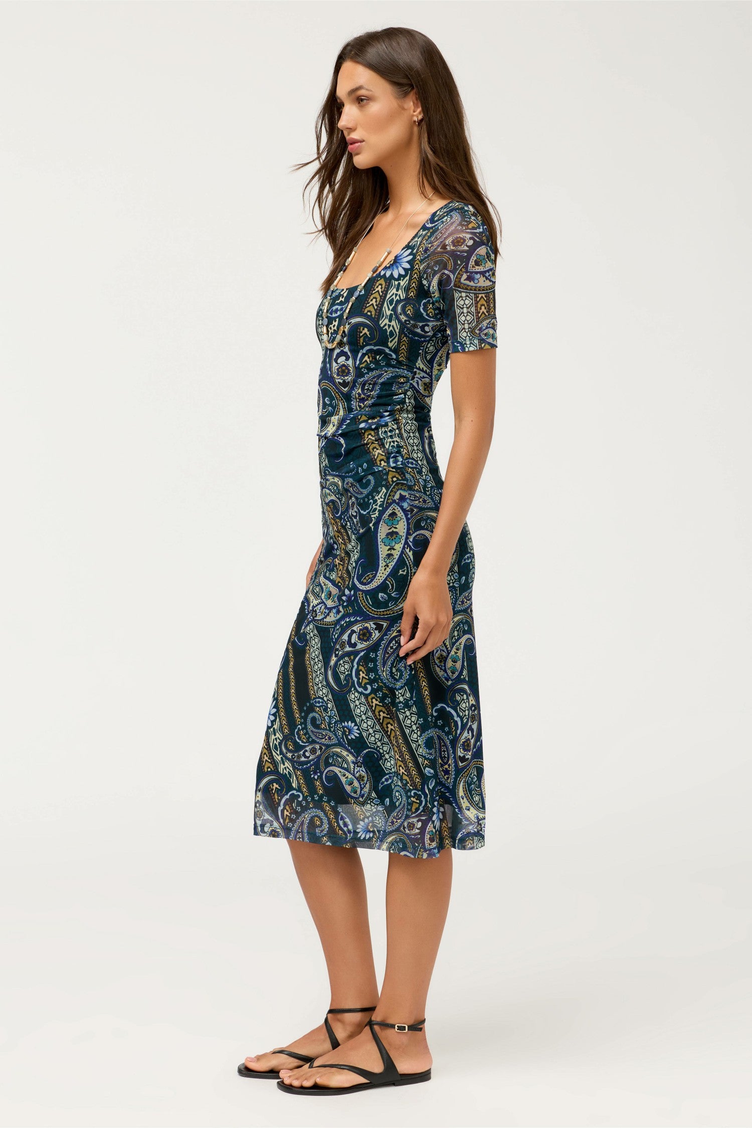 Johnny Was SCOOP NECK RUCHED FRONT MESH MIDI DRESS
