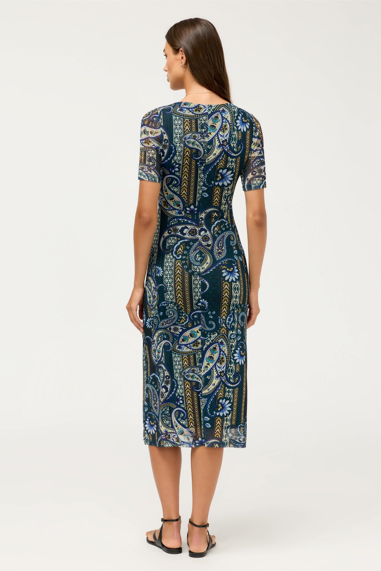 Johnny Was SCOOP NECK RUCHED FRONT MESH MIDI DRESS