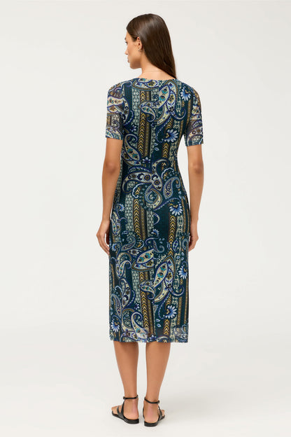Johnny Was SCOOP NECK RUCHED FRONT MESH MIDI DRESS