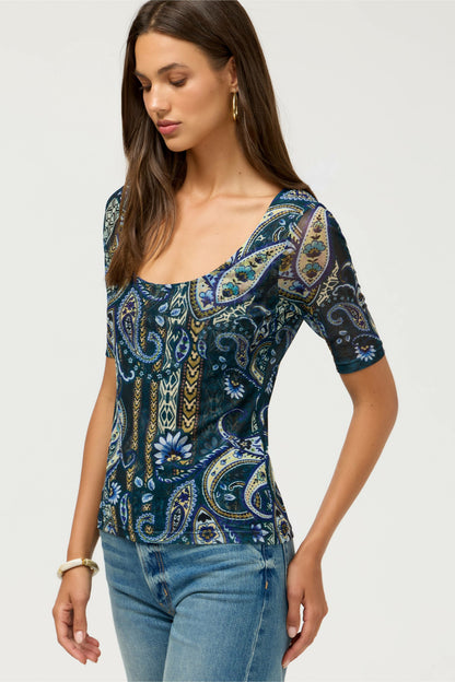 Johnny Was ELBOW SLEEVE SCOOP NECK MESH TEE