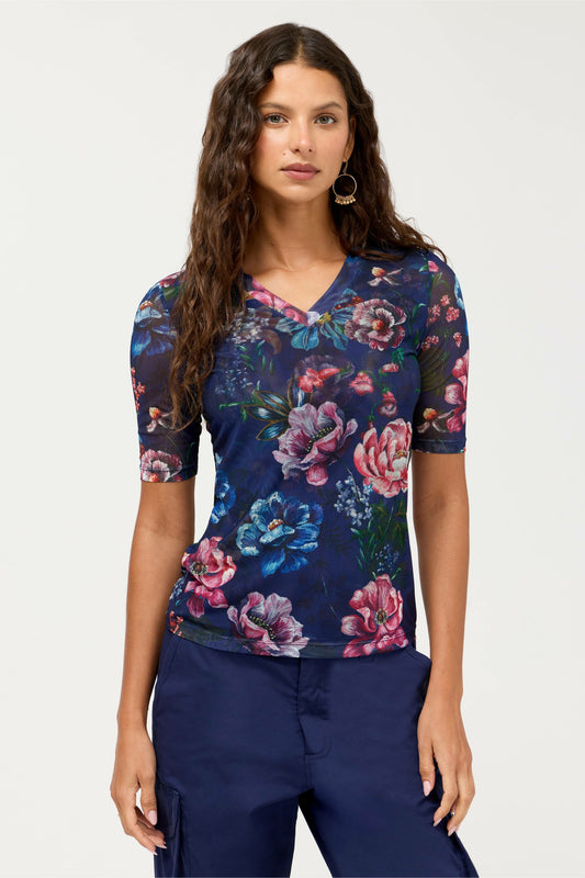 Johnny Was V-NECK ELBOW SLEEVE MESH TOP