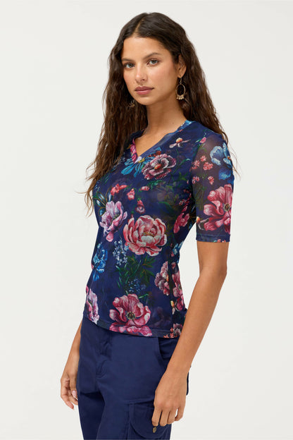 Johnny Was V-NECK ELBOW SLEEVE MESH TOP