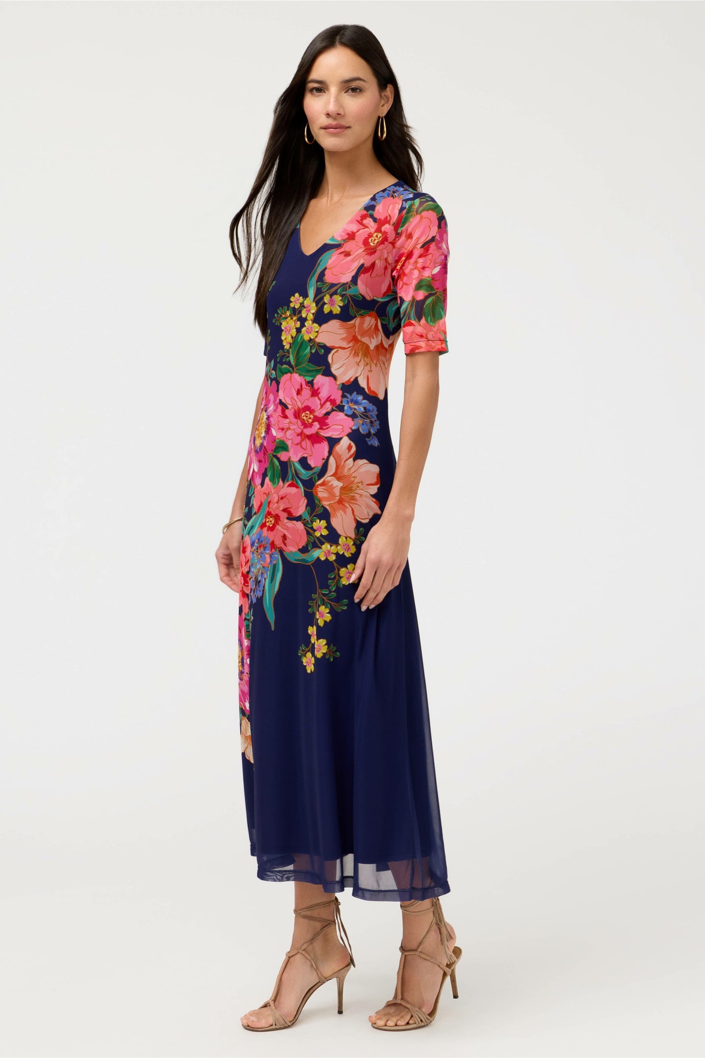 Johnny Was ELBOW SLEEVE V-NECK MESH MIDI DRESS