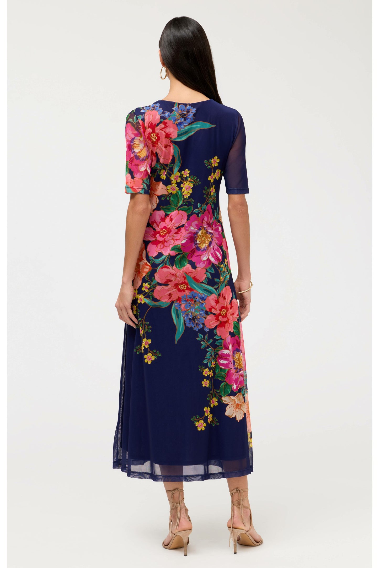 Johnny Was ELBOW SLEEVE V-NECK MESH MIDI DRESS