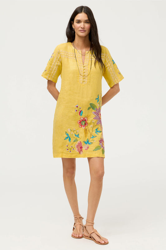 Johnny Was SEAMED BUTTON NECK LINEN DRESS