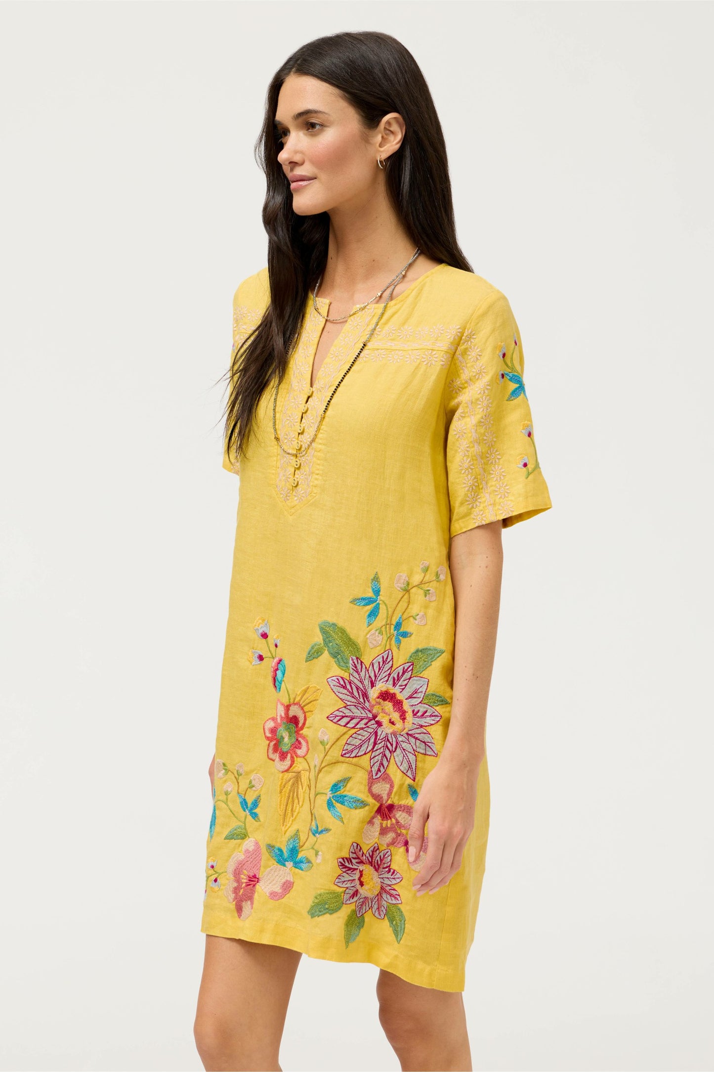 Johnny Was SEAMED BUTTON NECK LINEN DRESS