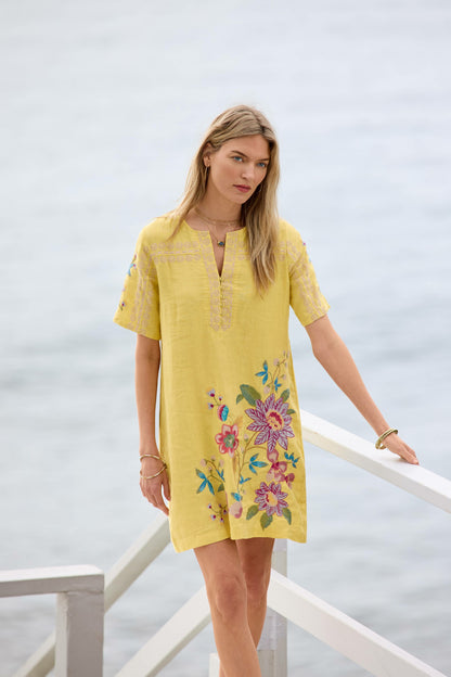 Johnny Was SEAMED BUTTON NECK LINEN DRESS