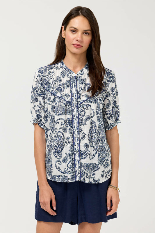 Johnny Was SHORT SLEEVE WESTERN SHIRRED YOKE BLOUSE