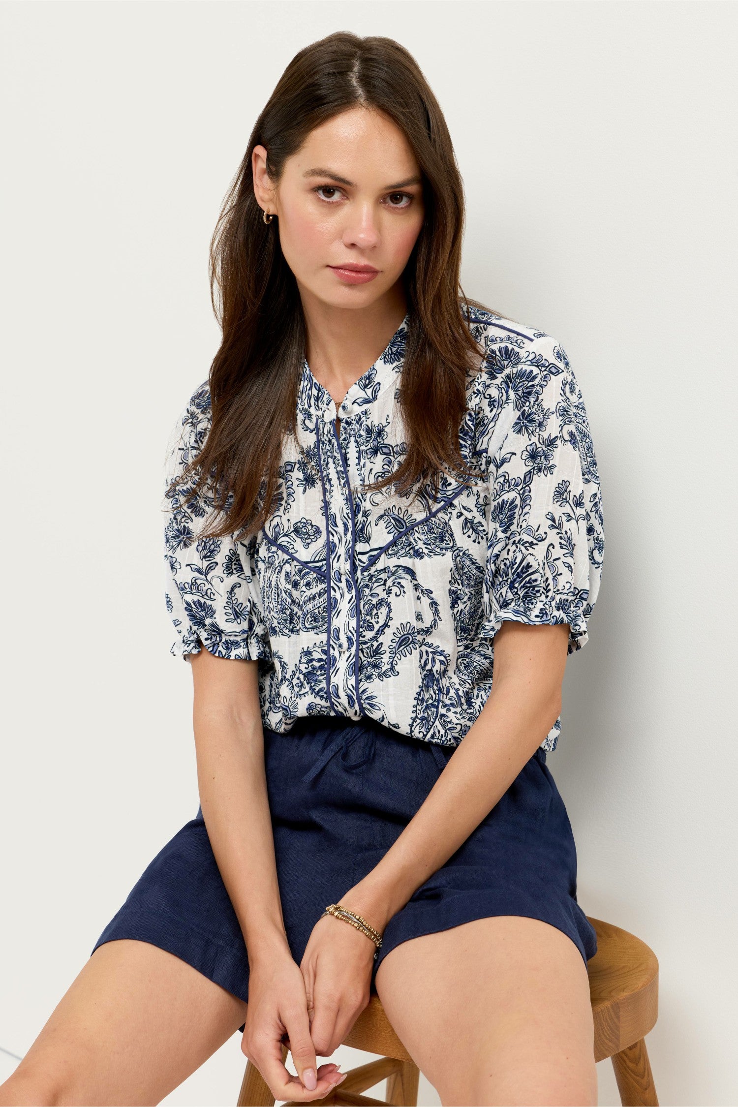 Johnny Was SHORT SLEEVE WESTERN SHIRRED YOKE BLOUSE