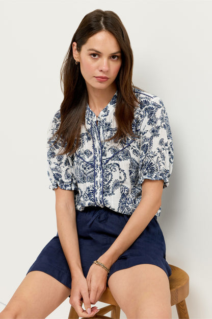 Johnny Was SHORT SLEEVE WESTERN SHIRRED YOKE BLOUSE
