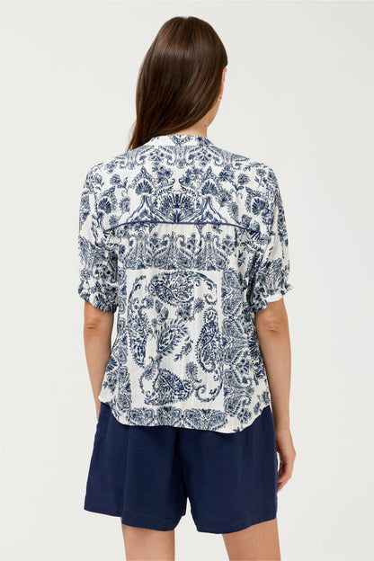 Johnny Was SHORT SLEEVE WESTERN SHIRRED YOKE BLOUSE