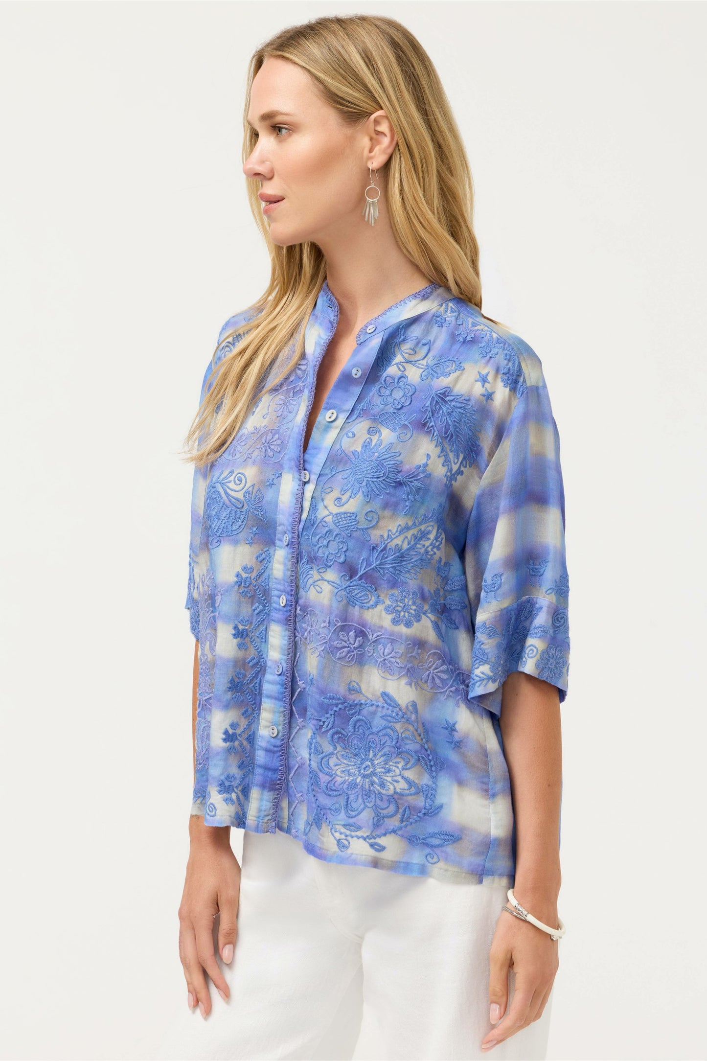 Johnny Was SHORT SLEEVE RELAXED MANDARIN COLLAR SHIRT