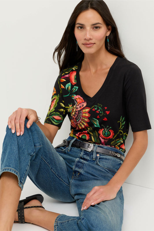 Johnny Was THE JANIE FAVORITE FITTED V-NECK ELBOW SLEEVE TEE