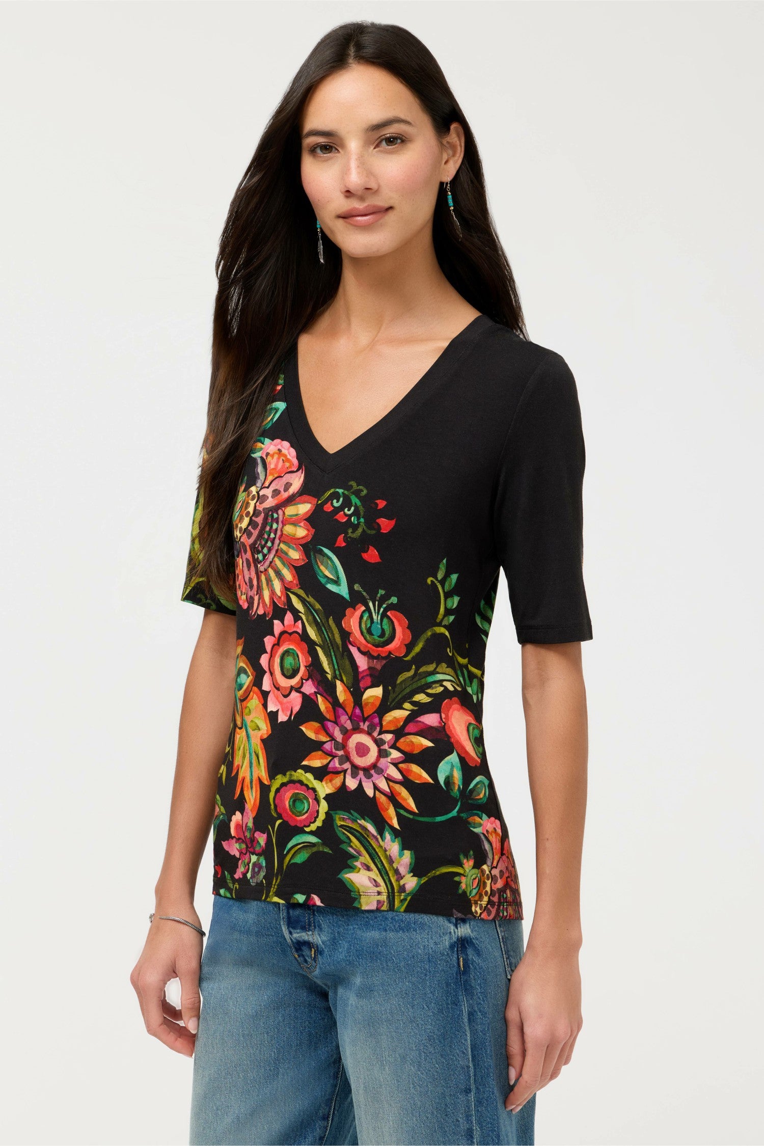 Johnny Was THE JANIE FAVORITE FITTED V-NECK ELBOW SLEEVE TEE