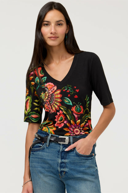 Johnny Was THE JANIE FAVORITE FITTED V-NECK ELBOW SLEEVE TEE