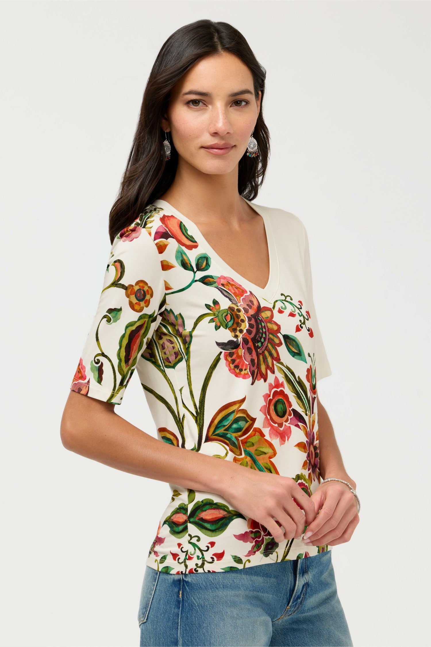 Johnny Was THE JANIE FAVORITE FITTED V-NECK ELBOW SLEEVE TEE