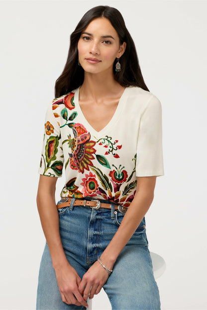 Johnny Was THE JANIE FAVORITE FITTED V-NECK ELBOW SLEEVE TEE