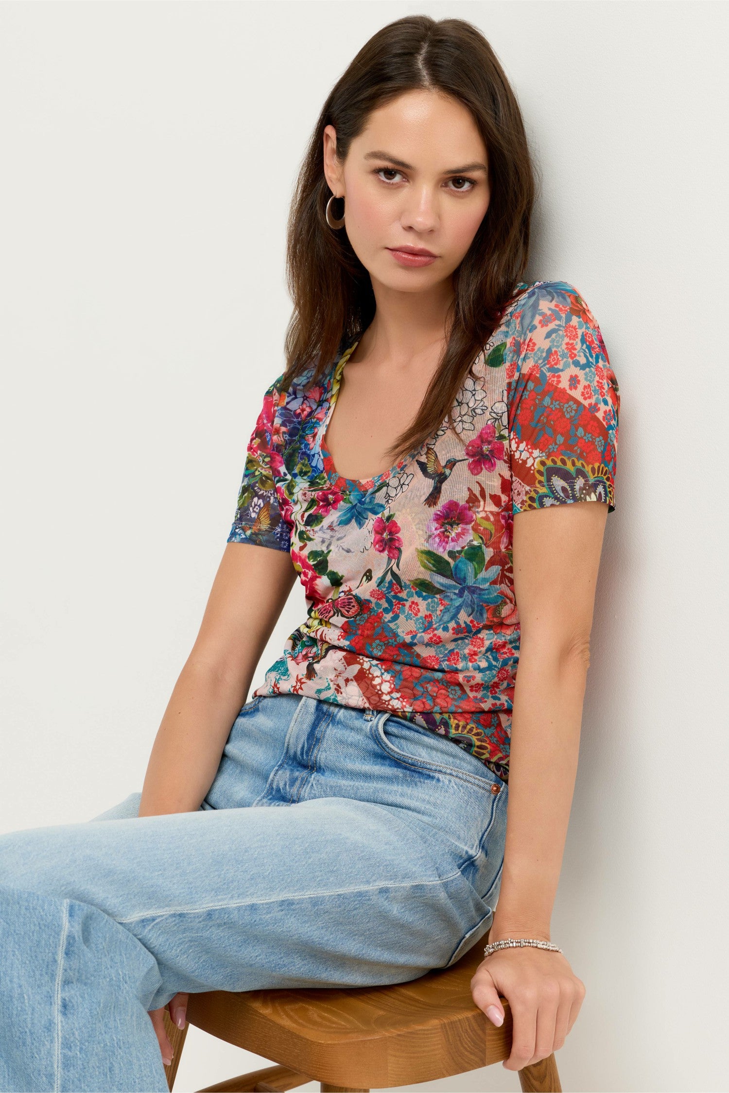 Johnny Was SHORT SLEEVE SCOOP NECK MESH TEE