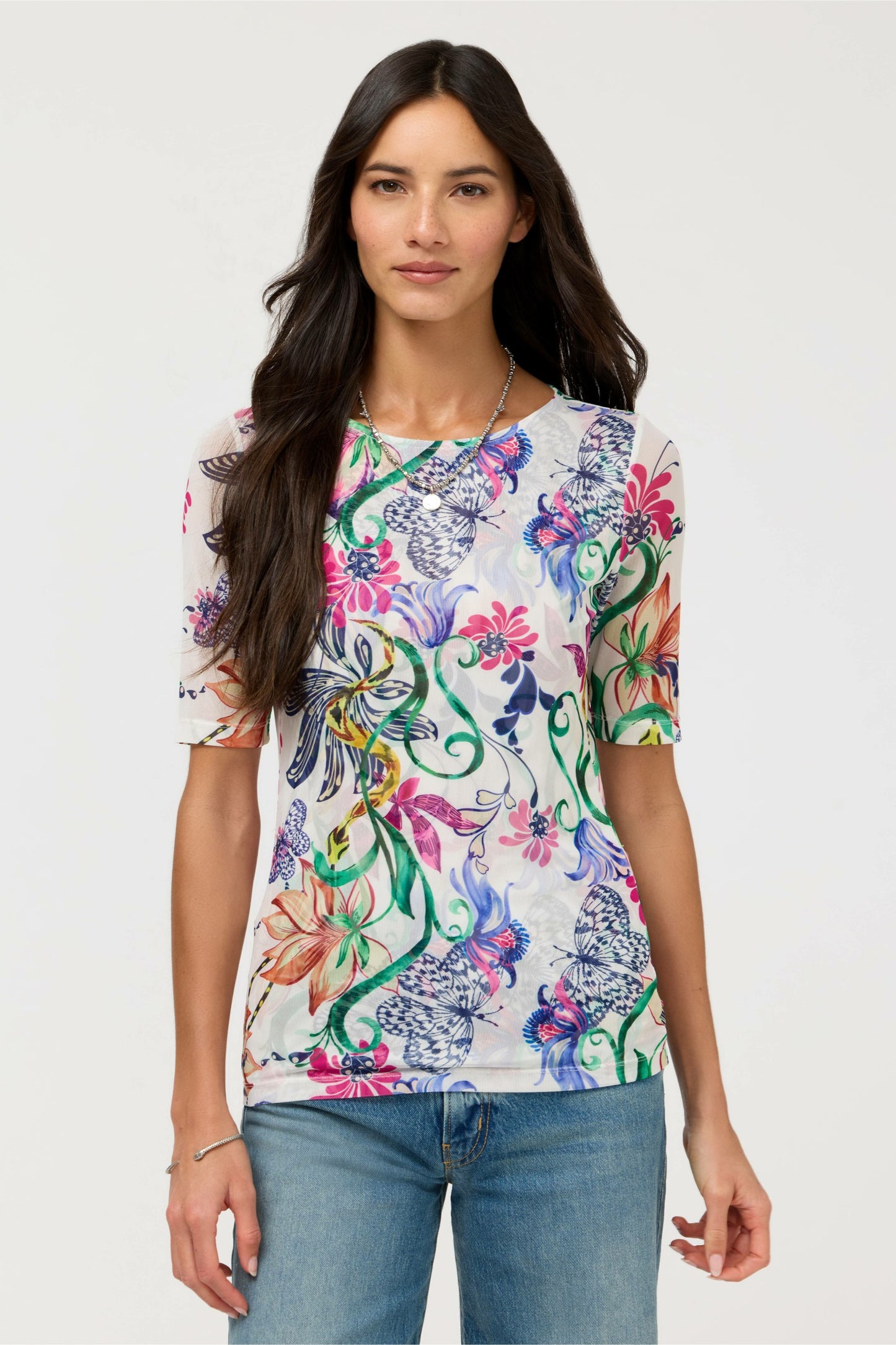 Johnny Was ELBOW SLEEVE BOAT NECK MESH TOP