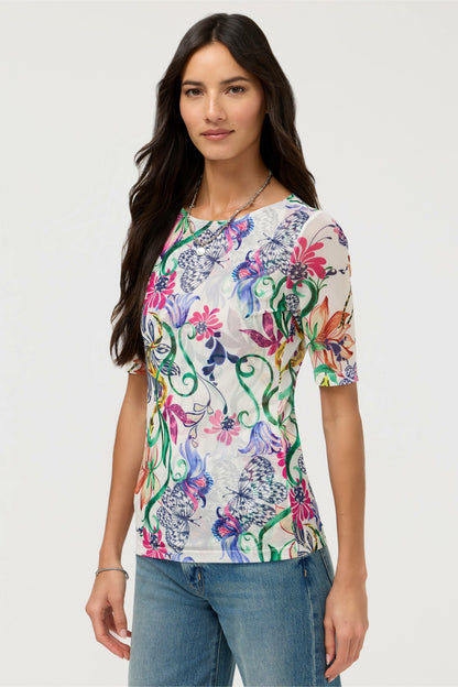 Johnny Was ELBOW SLEEVE BOAT NECK MESH TOP