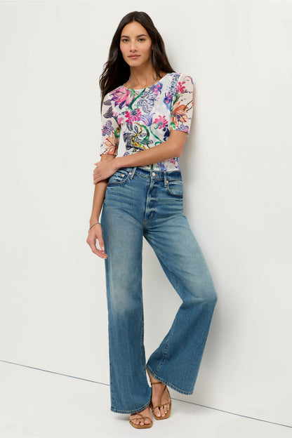 Johnny Was ELBOW SLEEVE BOAT NECK MESH TOP