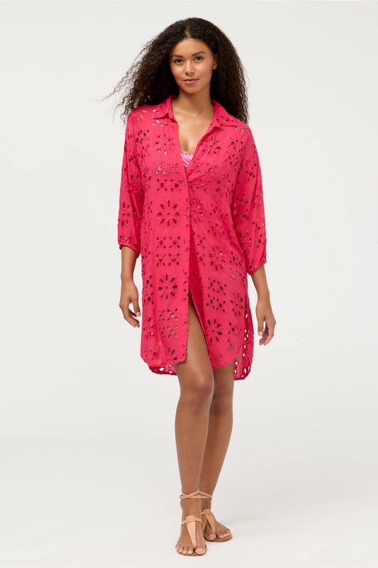 Johnny Was EYELET BUTTON DOWN SHIRT DRESS