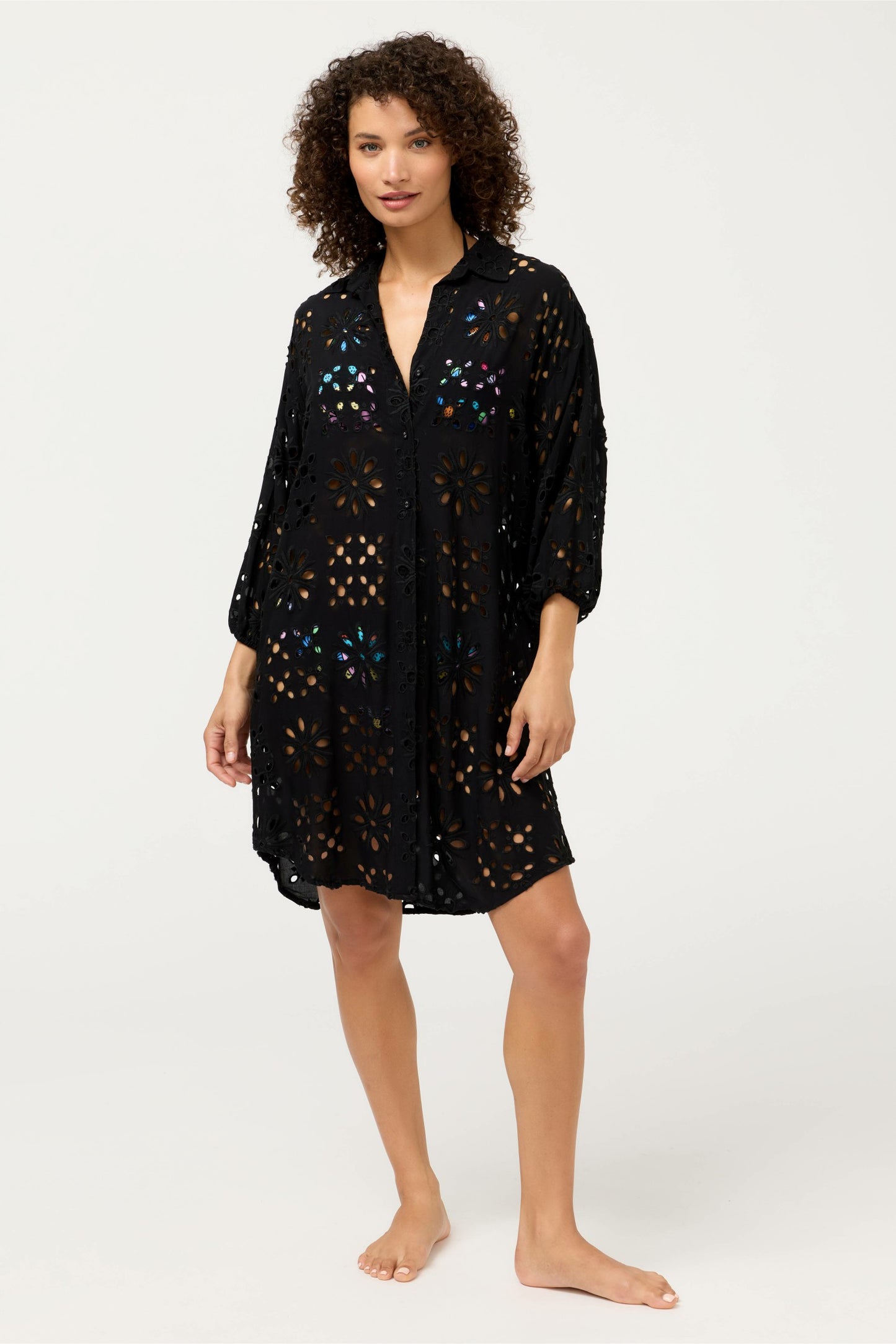 Johnny Was EYELET BUTTON DOWN SHIRT DRESS
