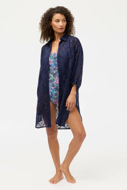 Johnny Was NAVY MARILLA EYELET BUTTON DOWN SHIRT DRESS