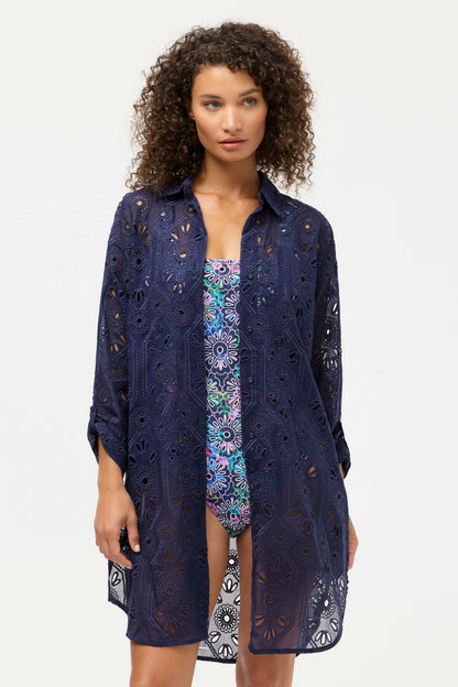 Johnny Was NAVY MARILLA EYELET BUTTON DOWN SHIRT DRESS