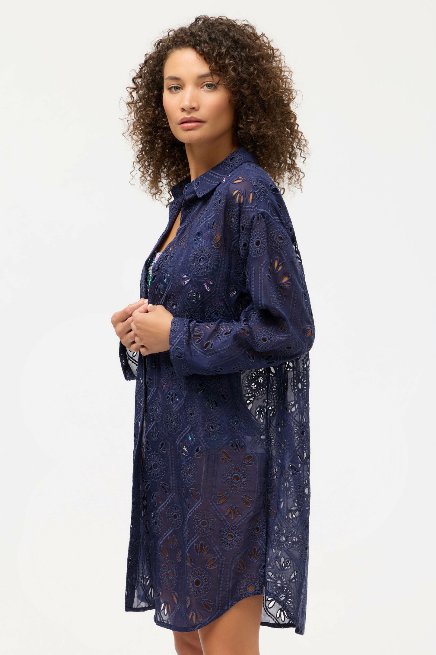 Johnny Was NAVY MARILLA EYELET BUTTON DOWN SHIRT DRESS