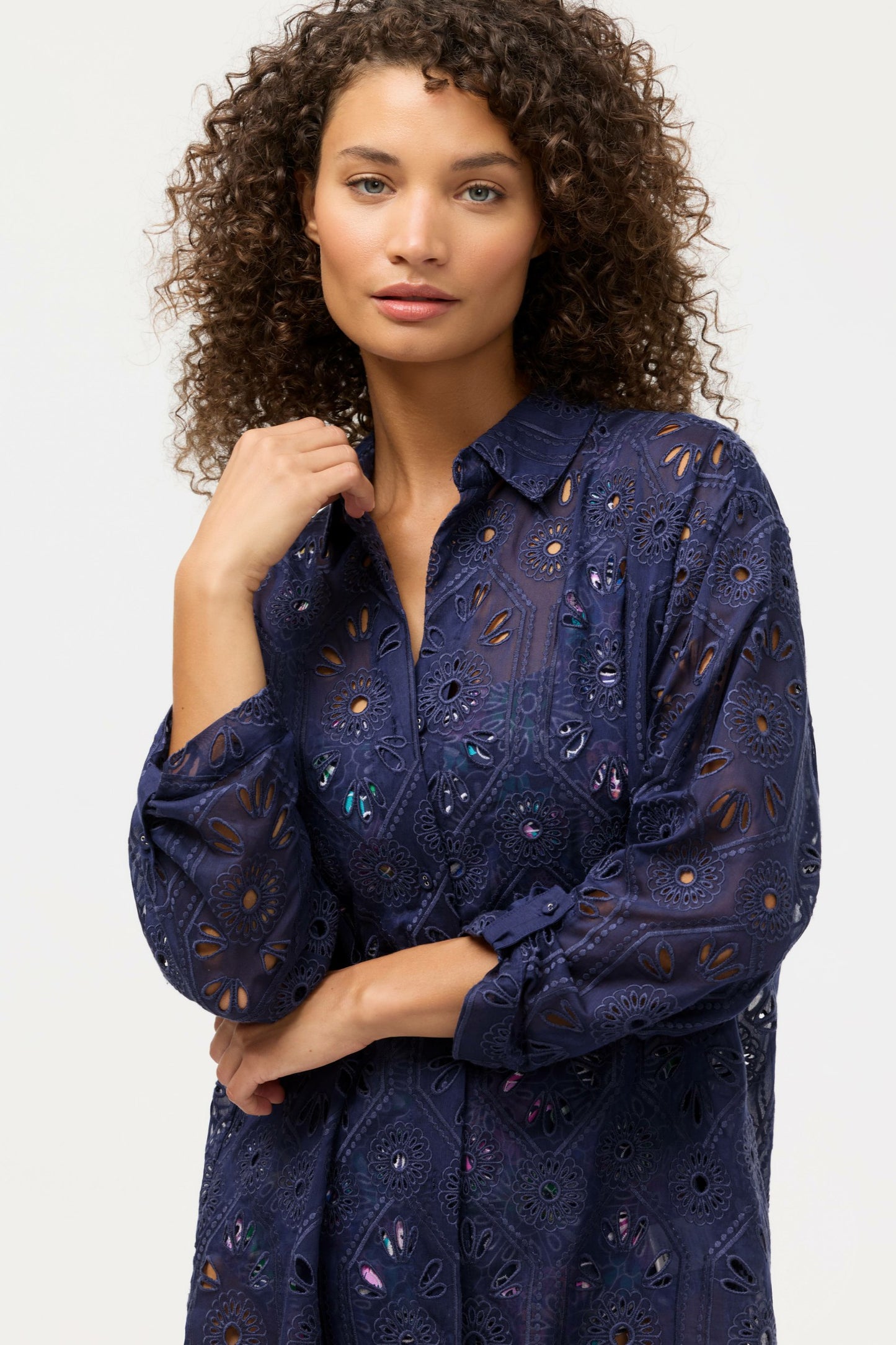 Johnny Was NAVY MARILLA EYELET BUTTON DOWN SHIRT DRESS