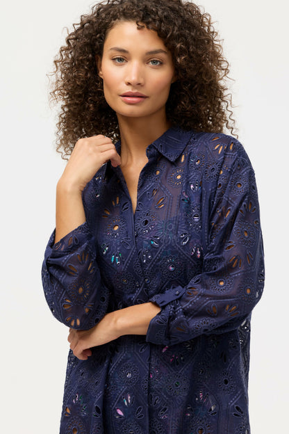 Johnny Was NAVY MARILLA EYELET BUTTON DOWN SHIRT DRESS