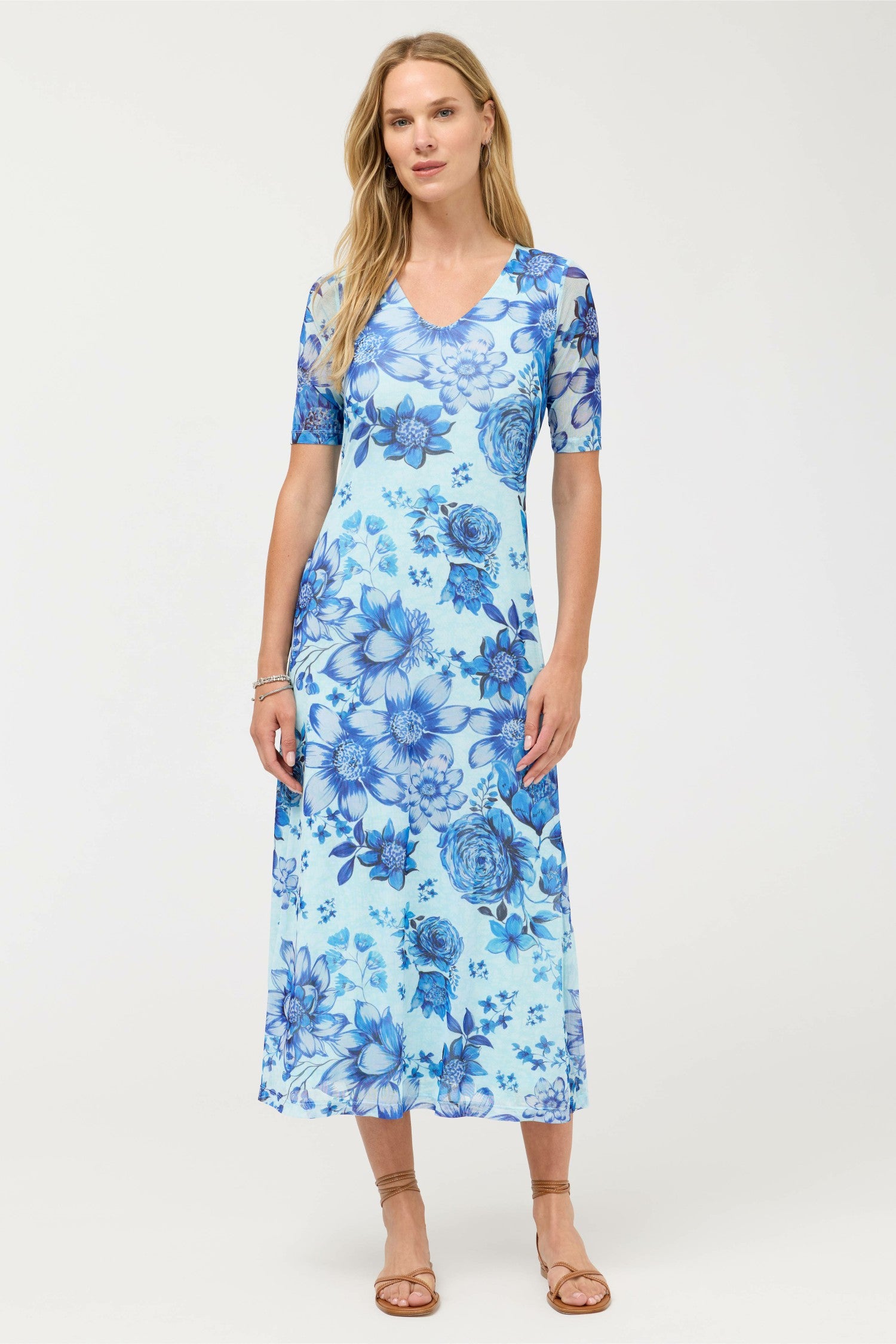 Johnny Was ELBOW SLEEVE V-NECK MESH MIDI DRESS