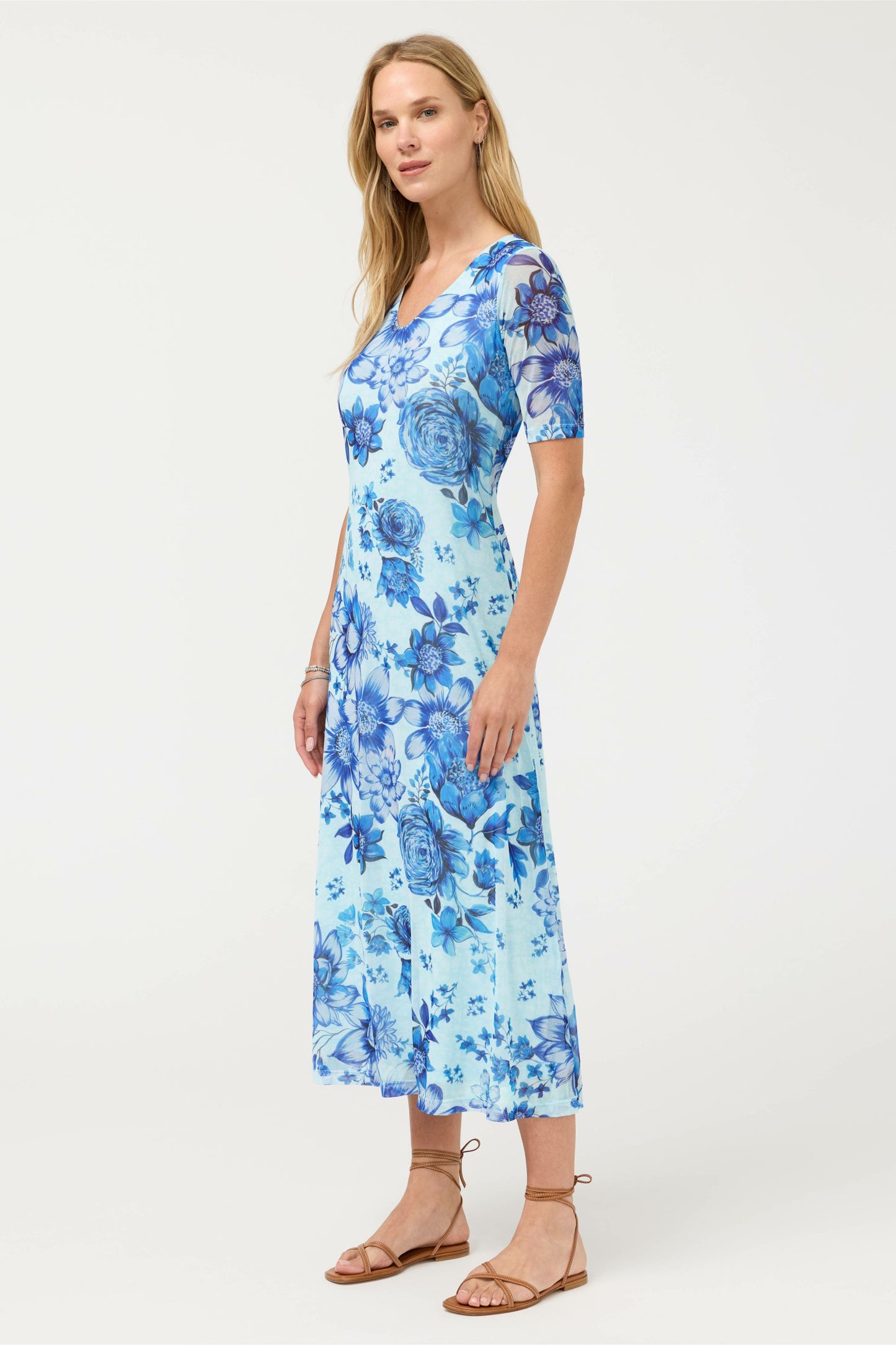 Johnny Was ELBOW SLEEVE V-NECK MESH MIDI DRESS