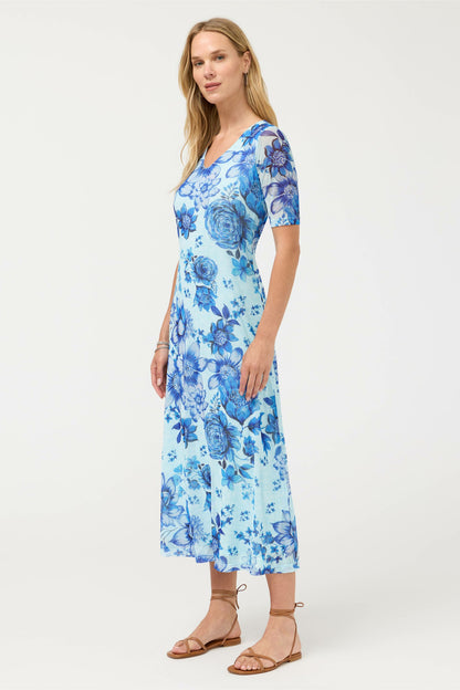 Johnny Was ELBOW SLEEVE V-NECK MESH MIDI DRESS