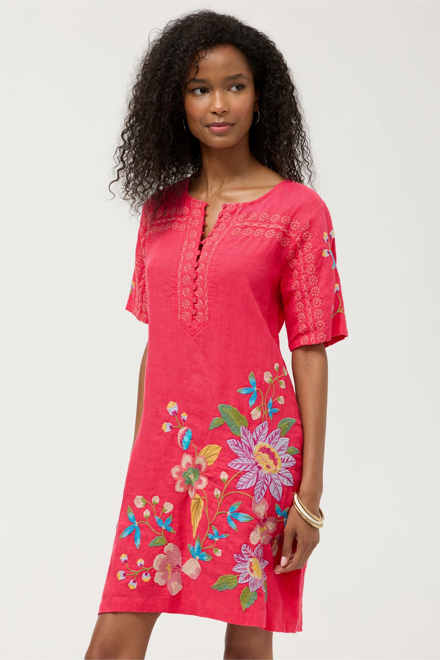 Johnny Was SEAMED BUTTON NECK LINEN DRESS