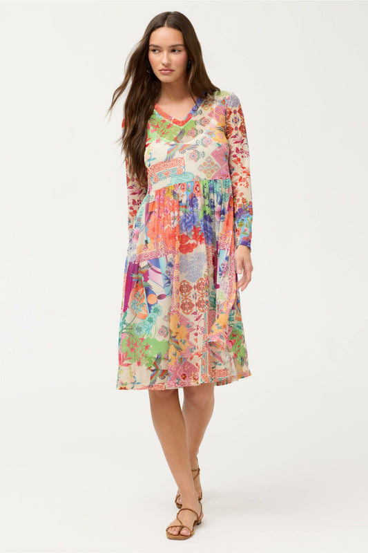 Johnny Was LONG SLEEVE V-NECK MESH SINGLE TIER DRESS