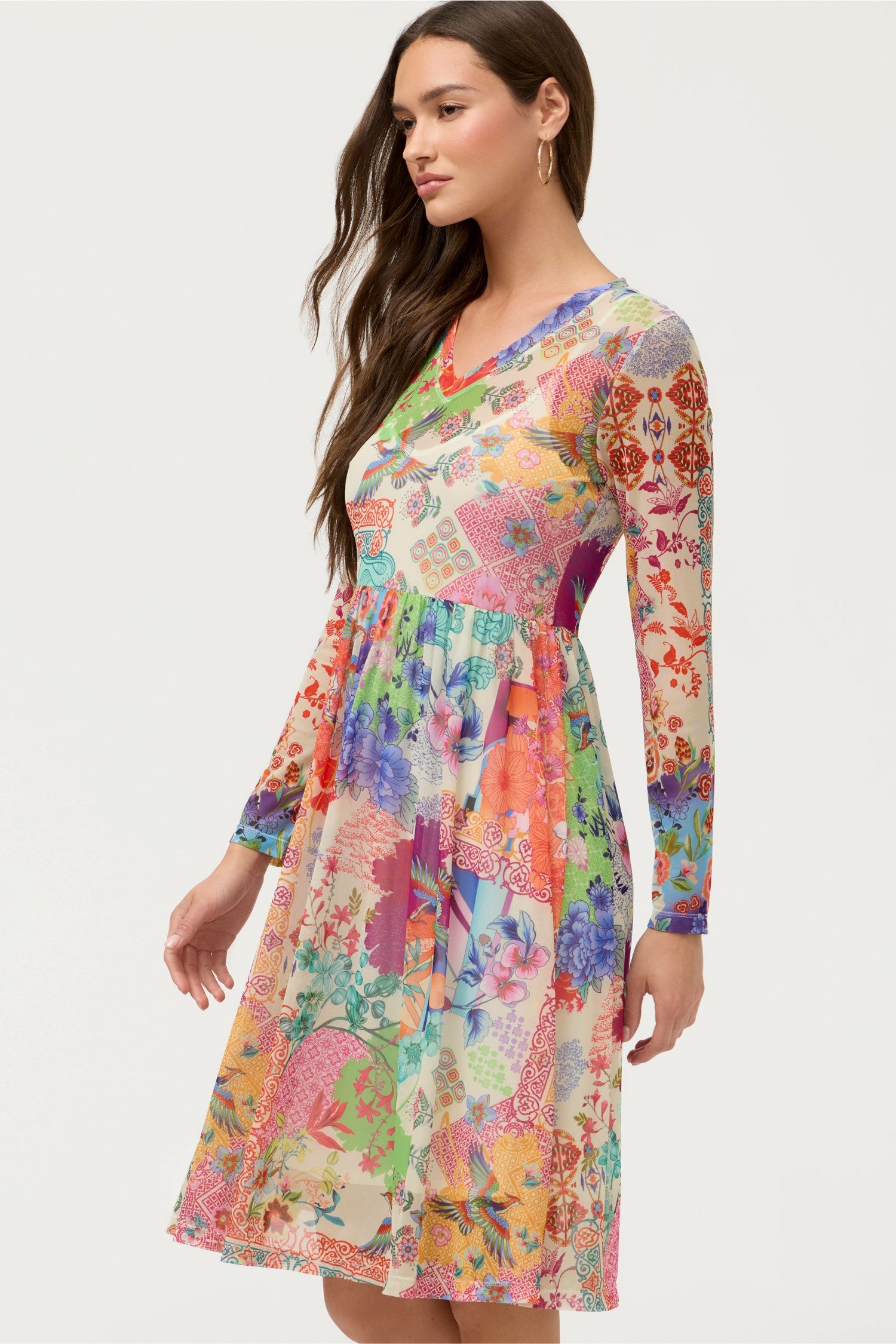 Johnny Was LONG SLEEVE V-NECK MESH SINGLE TIER DRESS