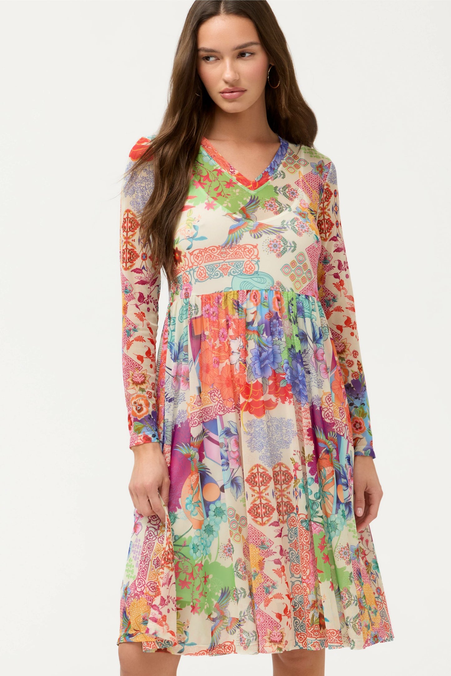 Johnny Was LONG SLEEVE V-NECK MESH SINGLE TIER DRESS