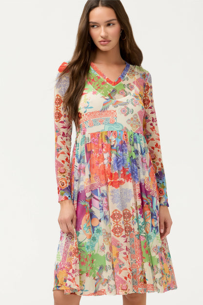 Johnny Was LONG SLEEVE V-NECK MESH SINGLE TIER DRESS